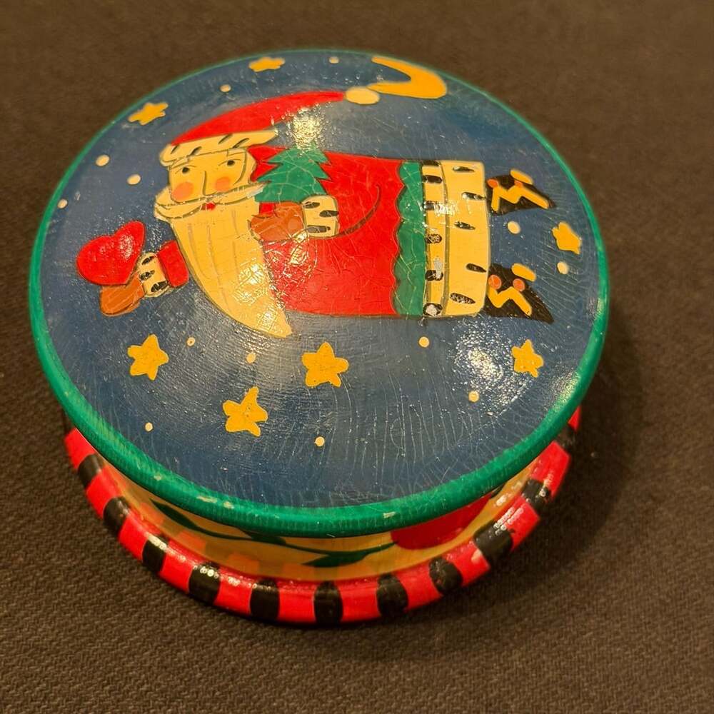 Midwest of Cannon Falls Wooden Santa Trinket Box Hand Painted 3.5” Diameter
